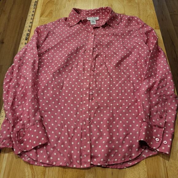 Vintage Jones New York Country Medium Pink Polka Dot Silk Collared Button Down - Picture 1 of 8